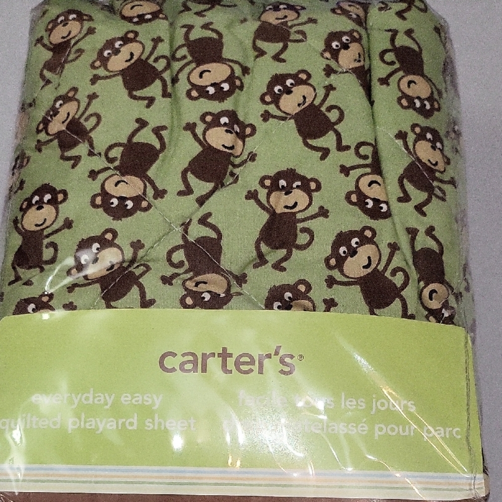 Carter's Light Green Quilted Playard Sheet with Brown Monkey Print